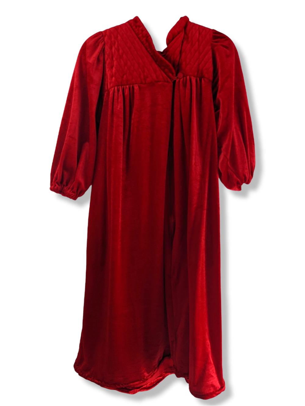 1980s Red Velvet Velour Quilted Robe Nightgown with Pockets and Puff Sleeves